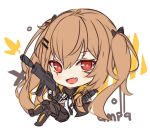  1girl :d bangs big_head black_bow black_footwear black_jacket black_legwear black_ribbon black_skirt blush boots bow brown_hair character_name commentary english_commentary eyebrows_visible_through_hair fang girls_frontline gun h&amp;k_ump9 hair_between_eyes hair_bow hair_ornament hairclip hitsukuya holding holding_gun holding_weapon jacket knee_boots long_hair long_sleeves looking_at_viewer neck_ribbon object_namesake open_mouth pantyhose pleated_skirt red_eyes ribbon scar scar_across_eye shirt sketch skirt smile solo twintails ump9_(girls_frontline) very_long_hair weapon white_background white_shirt 