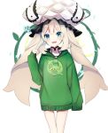  1girl :d ameshizuku_natsuki bangs blue_eyes blush clothes_writing eyebrows_visible_through_hair fate/grand_order fate_(series) frilled_hat frills green_hoodie hair_between_eyes hat head_tilt hood hood_down hoodie light_brown_hair long_hair long_sleeves marie_antoinette_(fate/grand_order) open_mouth quick_shirt sleeves_past_fingers sleeves_past_wrists smile solo twintails very_long_hair white_hat 