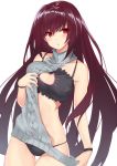  1girl aran_sweater backless_dress backless_outfit bangs black_bra black_panties blush bra breasts cat_cutout cat_lingerie cleavage cleavage_cutout clothes_tug cowboy_shot dress eyebrows_visible_through_hair fate/grand_order fate_(series) groin hair_between_eyes hair_intakes head_tilt hips large_breasts long_hair looking_at_viewer meme_attire open_mouth panties purple_hair red_eyes scathach_(fate)_(all) scathach_(fate/grand_order) shunichi simple_background smile solo stomach sweater sweater_dress sweater_tug thighs turtleneck underwear very_long_hair virgin_killer_sweater waist white_background wristband 