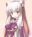  1girl alternate_hairstyle animal_ears artist_name bangs bare_shoulders blush breasts eyebrows_visible_through_hair eyes_visible_through_hair fang hair_down haku_(p&amp;d) highres impossible_clothes lilium0235 long_hair looking_at_viewer medium_breasts multicolored_hair open_mouth puzzle_&amp;_dragons red_eyes redhead signature simple_background solo tiger_ears two-tone_hair white_hair 