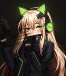  1girl black_background black_gloves black_jacket blush cat_ear_headphones commentary covered_mouth embarrassed english_commentary eyebrows_visible_through_hair girls_frontline gloves green_eyes gun hair_between_eyes half_gloves headphones holding holding_gun holding_weapon jacket light_brown_hair long_hair long_sleeves looking_at_viewer solo steyr_tmp submachine_gun teru_(renkyu) tmp_(girls_frontline) twitter_username upper_body weapon 
