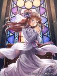  1girl bead_necklace beads blue_eyes breasts brown_hair dress esukee glint hair_ornament hands_together hands_up indoors jewelry long_hair looking_at_viewer necklace official_art pink_ribbon red_ribbon ribbon sengoku_saga small_breasts smile solo stained_glass standing watermark window 