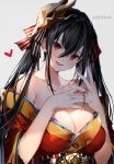  1girl azur_lane bangs bare_shoulders black_hair blush breasts cleavage collarbone dated dress eyebrows_visible_through_hair grey_background hair_between_eyes hair_ornament hair_ribbon head_tilt heart highres japanese_clothes large_breasts long_hair looking_at_viewer parted_lips red_dress red_eyes red_string ribbon simple_background smile solo string taihou_(azur_lane) tied_hair twintails umibouzu_(niito) wide_sleeves 