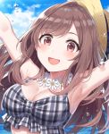  1girl :d armpits arms_up bangs bikini bikini_top black_bikini blue_sky blush breasts brown_hair brown_hat cleavage clouds commentary_request day dutch_angle eyebrows_visible_through_hair flower flower_necklace frilled_bikini frills hat idolmaster idolmaster_shiny_colors jewelry large_breasts long_hair looking_at_viewer necklace open_mouth outdoors plaid plaid_bikini shiny shiny_hair sky smile solo sparkle splashing sun_hat swept_bangs swimsuit tsukioka_kogane violet_eyes water_drop white_flower yuuhi_(ages) 