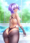  1girl ass back bare_arms bare_shoulders breasts competition_swimsuit curvy dark_skin fate/grand_order fate_(series) fence fingerless_gloves gloves hairband hassan_of_serenity_(fate) highres hips looking_at_viewer looking_back mask mask_removed one-piece_swimsuit pool purple_hair short_hair solo swimsuit thighs violet_eyes wide_hips zuizhong 