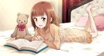  1girl alternate_hairstyle bangs beatrice_(princess_principal) bed blunt_bangs book brown_eyes brown_hair commentary_request eyebrows_visible_through_hair feet_up long_hair long_sleeves lying nightgown niina_ryou on_bed on_stomach open_mouth pillow princess_principal reading scarf solo stuffed_animal stuffed_toy teddy_bear 