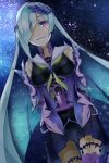  1girl arms_behind_back blue_hair breasts brynhildr_(fate) commentary_request dutch_angle fate/grand_order fate_(series) long_hair looking_at_viewer mayo_(mayone-u) medium_breasts night night_sky skirt sky solo thigh-highs very_long_hair violet_eyes 