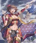  1girl :o armlet armor blue_eyes breasts brown_hair esukee fan flag folding_fan glasses grey_sky hair_ornament holding holding_fan leaf looking_afar medium_breasts navel official_art outdoors pointing sengoku_saga short_hair solo standing storm watermark wind 