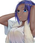 1girl armpits arms_behind_head arms_up blue_eyes breasts commentary_request dark_skin fate/grand_order fate_(series) hair_slicked_back hassan_of_serenity_(fate) highres looking_at_viewer medium_breasts open_mouth purple_hair shiny shiny_hair shirt short_hair short_sleeves shunga_(shun608) sidelocks simple_background solo towel towel_around_neck upper_body wet wet_hair white_background white_shirt white_towel 