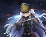  1girl altair_(re:creators) black_jacket blue_eyes cp_mizu floating_hair hair_between_eyes hair_ribbon hat highres holding holding_sword holding_weapon instrument jacket long_hair military military_hat military_uniform music night outdoors playing_instrument re:creators red_ribbon ribbon silver_hair smile solo sword twintails uniform upper_body very_long_hair weapon 