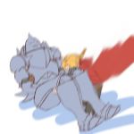  2boys alphonse_elric armor blonde_hair blurry brothers carrying coat edward_elric falling full_armor full_body fullmetal_alchemist male_focus multiple_boys princess_carry red_coat siblings simple_background tabixneko white_background 