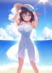 1girl :o arms_up bangs bare_shoulders beach blue_eyes blue_sky blush breasts brown_hair clouds collarbone day dress hat hat_ribbon highres ichi_makoto large_breasts long_hair looking_at_viewer ocean open_mouth original outdoors ribbon see-through_silhouette sky sleeveless sleeveless_dress solo standing straw_hat sundress white_dress 