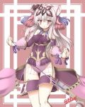  1girl animal_ears artist_name ass_visible_through_thighs bangs bare_shoulders blush breasts covered_navel eyebrows_visible_through_hair hair_ornament haku_(p&amp;d) highleg highres leotard lilium0235 long_hair multicolored_hair open_mouth pink_background puzzle_&amp;_dragons red_eyes signature skin_tight solo tail thigh_gap tiger_ears tiger_tail white_hair 