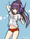  1girl artist_name bloomers blue_background breasts commentary_request dated dress eyebrows_visible_through_hair fate/grand_order fate_(series) gym_uniform high_ponytail highres long_hair looking_at_viewer medium_breasts name_tag navel noyamanohana purple_hair red_eyes scathach_(fate)_(all) scathach_skadi_(fate/grand_order) shirt smile solo t-shirt underwear wand 