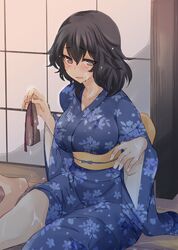  1girl abenattou andou_(girls_und_panzer) bangs barefoot black_hair blue_kimono blush brown_eyes commentary dark_skin eyebrows_visible_through_hair floral_print frown girls_und_panzer holding japanese_clothes kimono long_sleeves looking_at_viewer medium_hair messy_hair obi on_floor open_mouth rag sash shouji sitting sliding_doors solo wariza wet wet_clothes wet_hair wide_sleeves wooden_floor 