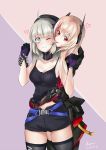  2girls aa-12_(girls_frontline) absurdres ahoge airbo amputee blue_eyes breasts cleavage eyebrows_visible_through_hair face_licking girls_frontline gloves hair_between_eyes heart highres licking long_hair m4_sopmod_ii_(girls_frontline) mechanical_arm multiple_girls one_eye_closed pink_hair prosthesis prosthetic_arm purple_gloves red_eyes short_shorts shorts silver_hair tank_top thigh-highs thighs yuri 