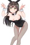  1girl animal_ears bang_dream! bangs bare_shoulders black_hair black_leotard blush bow bowtie breasts bunny_girl bunny_tail bunnysuit detached_collar eyebrows_visible_through_hair fake_animal_ears fishnet_pantyhose fishnets hanazono_tae highres leotard long_hair naitou_kirara pantyhose parted_lips rabbit_ears simple_background solo strapless strapless_leotard tail thigh_gap white_background wrist_cuffs 