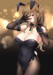  1girl 404_logo_(girls_frontline) :3 alternate_costume animal_ears bangs bare_shoulders black_gloves black_legwear black_leotard blurry blurry_background blush breasts brown_eyes brown_hair bunny_girl bunny_tail bunnysuit cleavage closed_mouth covered_navel cowboy_shot detached_collar elbow_gloves eyebrows_visible_through_hair fake_animal_ears girls_frontline gloves groin hair_between_eyes hair_ornament hairclip hand_up hayabusa highres indoors large_breasts leotard long_hair looking_at_viewer pantyhose rabbit_ears scar scar_across_eye sidelocks signature skindentation smile tail twintails ump9_(girls_frontline) v wrist_cuffs 