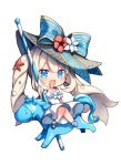  1girl :d ameshizuku_natsuki bangs blue_eyes blue_footwear carousel chibi dress eyebrows_visible_through_hair fate/grand_order fate_(series) full_body hair_between_eyes light_brown_hair long_hair lowres marie_antoinette_(fate/grand_order) marie_antoinette_(swimsuit_caster)_(fate) off-shoulder_dress off_shoulder open_mouth sandals simple_background sitting smile solo twintails very_long_hair white_background white_dress 