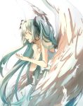  1girl ahoge angel aqua_hair bangs bare_arms bare_shoulders closed_eyes collarbone commentary_request dress eyebrows_visible_through_hair feathered_wings feathers hand_up hatsune_miku highres long_hair music open_mouth pixiv13573939 simple_background singing sleeveless sleeveless_dress solo sundress twintails upper_teeth very_long_hair vocaloid white_background white_dress wings 