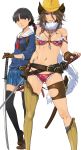  2girls arm_tattoo aya_(oneechanbara) belt bikini black_hair black_legwear boots breasts brown_hair cowboy_hat enami_katsumi fingerless_gloves frilled_bikini_bottom fur_scarf gloves hat highres holster jewelry katana long_hair low_twintails medium_breasts mole mole_under_eye multiple_girls navel necklace official_art oneechanbara plaid plaid_skirt pleated_skirt saki_(oneechanbara) school_uniform serafuku single_thigh_boot skirt swimsuit sword tattoo thigh-highs thigh_boots thigh_holster transparent_background twintails weapon zettai_ryouiki 