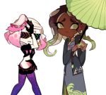  2girls aori_(splatoon) aori_(splatoon)_(cosplay) charamells cosplay dark_skin hime_(splatoon) hotaru_(splatoon) hotaru_(splatoon)_(cosplay) iida_(splatoon) japanese_clothes kimono looking_at_viewer multiple_girls nintendo oriental_umbrella pose simple_background smile splatoon splatoon_2 sunglasses symbol-shaped_pupils tentacle_hair umbrella 