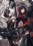  2girls ahoge artist_request back-to-back bead_necklace beads black_hair cloak corset cross gloves highres hood hooded_cloak jewelry katana lace lace-trimmed_gloves multiple_girls necklace petals raven_branwen rwby scythe summer_rose sword weapon 