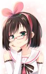  1girl a.i._channel absurdres agung_syaeful_anwar arm_support bangs bespectacled black_bow blush bow brown_background brown_hair closed_mouth collarbone detached_sleeves eyebrows_visible_through_hair glasses green_eyes hair_ribbon hairband highres kizuna_ai long_sleeves multicolored_hair pink_hair pink_hairband pink_ribbon red-framed_eyewear ribbon sailor_collar shirt short_hair sleeveless sleeveless_shirt smile solo streaked_hair striped striped_bow virtual_youtuber white_sailor_collar white_shirt 