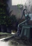  cat day fence highres kusakabe_(kusakabeworks) looking_at_viewer no_humans original outdoors plant potted_plant rain scenery tokyo_(city) translation_request water_pump 