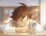  1boy ahoge beitemian blurry brown_hair closed_eyes depth_of_field desk gundam gundam_build_divers gunpla long_sleeves male_focus mikami_riku necktie parted_lips school_desk school_uniform short_hair sleeping solo vest 