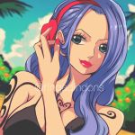  1girl adjusting_hair arm_tattoo bare_arms bare_shoulders blue_eyes blue_hair breasts bush clouds food fruit hairband highres lips lipstick long_hair makeup mandarin_orange nail_polish nojiko one_piece portrait sherumaru_(korcht06) sky smile solo tattoo twitter_username 