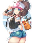  1girl baseball_cap blue_eyes breasts brown_hair cowboy_shot creatures_(company) denim denim_shorts from_side game_freak gen_5_pokemon half-closed_eyes hat hat_tip highres looking_at_viewer looking_back nintendo poke_ball pokemon pokemon_(creature) pokemon_(game) pokemon_bw ponytail racket_ti1 short_shorts shorts simple_background smile solo tank_top tepig touko_(pokemon) vest white_background wristband 