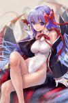  1girl awa_(rosemarygarden) bb_(fate)_(all) bb_(swimsuit_mooncancer)_(fate) black_coat blurry depth_of_field fate/grand_order fate_(series) feet_out_of_frame gloves highleg highleg_leotard highres horns leotard long_hair popped_collar purple_hair red_ribbon ribbon sitting solo violet_eyes white_gloves white_leotard 