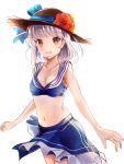  1girl :d blue_bikini_top blue_ribbon blue_skirt breasts brown_hat cleavage collarbone cowboy_shot flower fuyukeu hat hat_flower hat_ribbon hibiscus highres looking_at_viewer medium_breasts miniskirt navel open_mouth orange_eyes original red_flower ribbon shiny shiny_hair sideboob silver_hair simple_background skirt smile solo standing straw_hat sun_hat white_background 