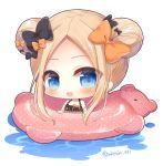  1girl :d abigail_williams_(fate/grand_order) bangs bare_shoulders big_head bikini black_bikini black_bow blonde_hair blue_eyes blush bow chibi collarbone commentary_request cute double_bun emerald_float eyebrows_visible_through_hair fate/grand_order fate_(series) forehead hair_bow innertube looking_at_viewer open_mouth orange_bow parted_bangs polka_dot polka_dot_bow polka_dot_innertube side_bun sidelocks smile solo swimming swimsuit teddy_bear twitter_username water white_background yukiyuki_441 