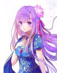  1girl bangle bangs bracelet breasts cute eyebrows_visible_through_hair fate/grand_order fate_(series) flower gem hair_flower hair_ornament hair_ribbon indian_clothes jewelry large_breasts long_hair lotus matou_sakura moe open_mouth parted_bangs parvati_(fate/grand_order) patterned_clothing purple_hair red_ribbon ribbon ruria shiny shiny_hair short_sleeves simple_background solo very_long_hair violet_eyes white_background 