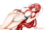  1girl ahoge alfred_cullado artist_name bangs blue_eyes blush breasts cleavage erect_nipples eyebrows_visible_through_hair hair_between_eyes high_school_dxd huge_ahoge large_breasts long_hair looking_at_viewer redhead rias_gremory signature swimsuit thigh-highs very_long_hair white_background 