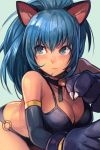  1girl bangs bare_shoulders bell bikini black_bikini black_gloves blue_hair blush breasts choker cleavage closed_mouth collarbone elbow_gloves gloves hair_between_eyes hankuri jingle_bell king_of_fighters large_breasts leona_heidern long_hair looking_to_the_side o-ring paw_gloves paws ponytail simple_background snk snk_heroines:_tag_team_frenzy solo swimsuit the_king_of_fighters 