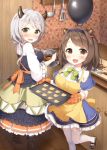  2girls :d baking bangs black_skirt blue_capelet blue_legwear blue_skirt blush boots bow bowl breasts brown_eyes brown_footwear brown_hair camieux capelet commentary_request cookie counter draph eyebrows_visible_through_hair food frying_pan granblue_fantasy hair_bobbles hair_ornament heart holding holding_bowl horns indoors kitchen_knife ladle large_breasts long_hair long_sleeves looking_at_viewer looking_to_the_side masuishi_kinoto mixing_bowl multiple_girls nose_blush open_mouth oven_mitts pantyhose plaid shirt shoes silver_hair skirt smile spatula standing standing_on_one_leg thigh-highs unmoving_pattern white_legwear white_shirt wide_sleeves wooden_floor yaia_(granblue_fantasy) yellow_bow 