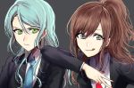  2girls aqua_hair arm_on_shoulder bang_dream! brown_hair earrings formal green_eyes grey_background grey_eyes hikawa_sayo imai_lisa jewelry licking_lips long_hair looking_at_viewer multiple_girls nail_polish necktie ponytail raikou104 scowl simple_background suit tongue tongue_out 