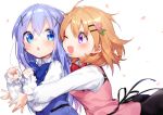  2girls ;d bangs black_ribbon black_skirt blue_bow blue_eyes blue_hair blue_vest blush bow chestnut_mouth collared_shirt commentary_request eye_contact eyebrows_visible_through_hair fingernails gochuumon_wa_usagi_desu_ka? hair_between_eyes hair_ornament hairclip hoto_cocoa hug hug_from_behind kafuu_chino light_brown_hair long_hair looking_at_another looking_back multiple_girls one_eye_closed open_mouth outstretched_arms parted_lips pink_vest rabbit_house_uniform red_bow ribbon shirt skirt sleeves_past_wrists smile sweat tousaki_shiina uniform very_long_hair vest violet_eyes waitress white_shirt x_hair_ornament 