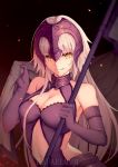  1girl armpit_peek artist_name bangs banner bare_shoulders black_gloves blanket breasts cleavage cleavage_cutout closed_eyes collar collarbone dress elbow_gloves fate/grand_order fate_(series) faulds gloves grin head_tilt highres holding jeanne_d&#039;arc_(alter)_(fate) jeanne_d&#039;arc_(fate)_(all) long_hair looking_at_viewer medium_breasts midriff military military_uniform naval_uniform navel_cutout parted_lips rafael-m skindentation sleeveless sleeveless_dress smile solo stomach straight_hair teeth uniform upper_body v-shaped_eyebrows very_long_hair white_hair yellow_eyes 