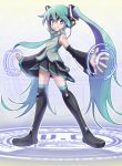  1girl aqua_eyes aqua_hair bangs bare_shoulders black_legwear closed_mouth commentary_request detached_sleeves eyebrows_visible_through_hair flat_chest full_body hair_between_eyes hatsune_miku headphones headset long_hair miniskirt necktie simple_background skirt solo standing thigh-highs twintails very_long_hair vocaloid white_background yuusuke_(5yusuke3) 
