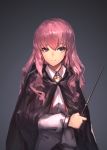  1girl black_cloak dress_shirt fixro2n grey_background hair_between_eyes highres holding holding_wand long_hair looking_at_viewer louise_francoise_le_blanc_de_la_valliere neck_ribbon pink_hair red_eyes red_ribbon ribbon shiny shiny_hair shirt smile solo upper_body wand white_shirt zero_no_tsukaima 