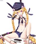  1girl :p animal_ears animal_hat bangs bare_legs barefoot black_hat black_jacket black_neckwear black_ribbon blonde_hair blue_skirt blush braid breasts bunny_hat closed_mouth commentary dog_tags dyolf ear_piercing eyebrows_visible_through_hair girls_frontline hair_between_eyes hair_ornament hair_ribbon hat head_tilt jacket long_hair looking_at_viewer magazine nail_polish navel necktie object_namesake open_clothes open_jacket open_shirt peaked_cap piercing pink_nails pleated_skirt rabbit_ears ribbon shirt signature simple_background sitting skirt sleeveless sleeveless_jacket sleeveless_shirt small_breasts smile soles solo sr-3mp sr-3mp_(girls_frontline) toeless_legwear toenails tongue tongue_out twin_braids very_long_hair violet_eyes white_background white_shirt 