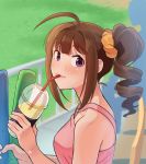  1girl ahoge blush brown_hair closed_mouth collarbone cup drill_hair drinking_straw eyebrows_visible_through_hair from_side holding holding_cup idolmaster idolmaster_million_live! kamille_(vcx68) looking_at_viewer scrunchie short_hair side_drill smile solo violet_eyes yokoyama_nao 