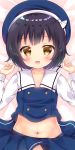  1girl :d bangs bed_sheet beret blue_hat blue_skirt blue_vest blush brown_eyes brown_hair dakimakura eyebrows_visible_through_hair fang fingernails gochuumon_wa_usagi_desu_ka? hands_up hat jouga_maya kafuu_chino&#039;s_school_uniform long_sleeves looking_at_viewer lying midriff navel on_back open_mouth pleated_skirt rikatan school_uniform shirt short_hair skirt smile solo vest white_shirt 