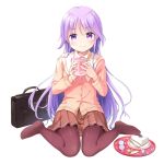  1boy bag black_legwear brown_skirt cake candy commentary_request cup food happiness! highres knees_together_feet_apart long_hair milk mug no_shoes pantyhose pink_shirt purple_hair see-through shirt simple_background sitting skirt smile solo tamakake toes trap tray violet_eyes watarase_jun white_background 