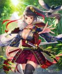  1girl architecture armor bird black_hair black_legwear breasts brown_eyes cleavage east_asian_architecture esukee floral_print forest fur_trim gold_trim hair_ornament high_ponytail katana leaf long_hair looking_at_viewer medium_breasts nature official_art outstretched_hand pouch red_skirt sengoku_saga sheath sheathed skirt solo standing sunlight sword thigh-highs tree weapon wide_sleeves 