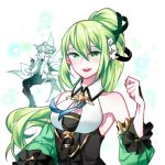  1boy 1girl ainchase_ishmael armpits bare_shoulders chuki_(lydia) collarbone detached_sleeves elf elsword erbluhen_emotion_(elsword) flower green_eyes green_hair hair_flower hair_ornament highres miniboy pointy_ears rena_(elsword) side_ponytail smile wind_sneaker_(elsword) 